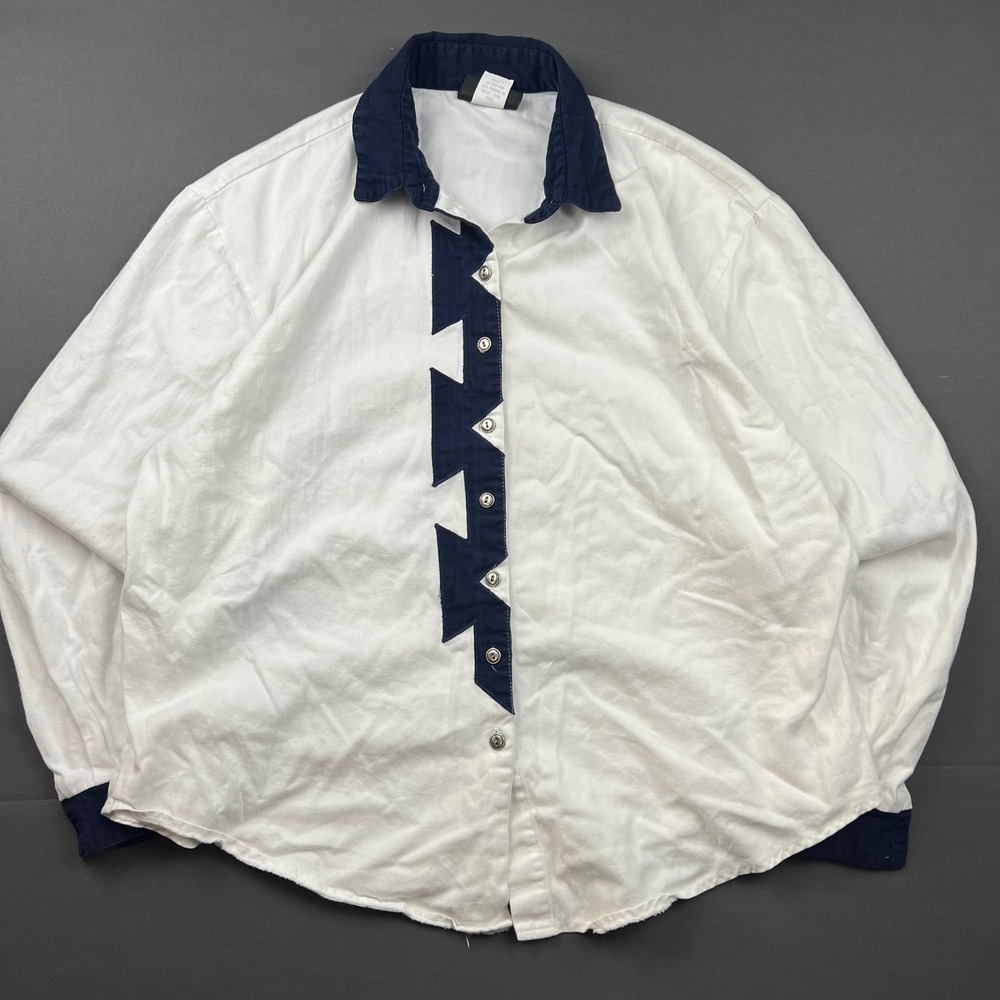 Vintage Roughrider by Circle T Womens XL White Navy Sawtooth Western Snap Shirt